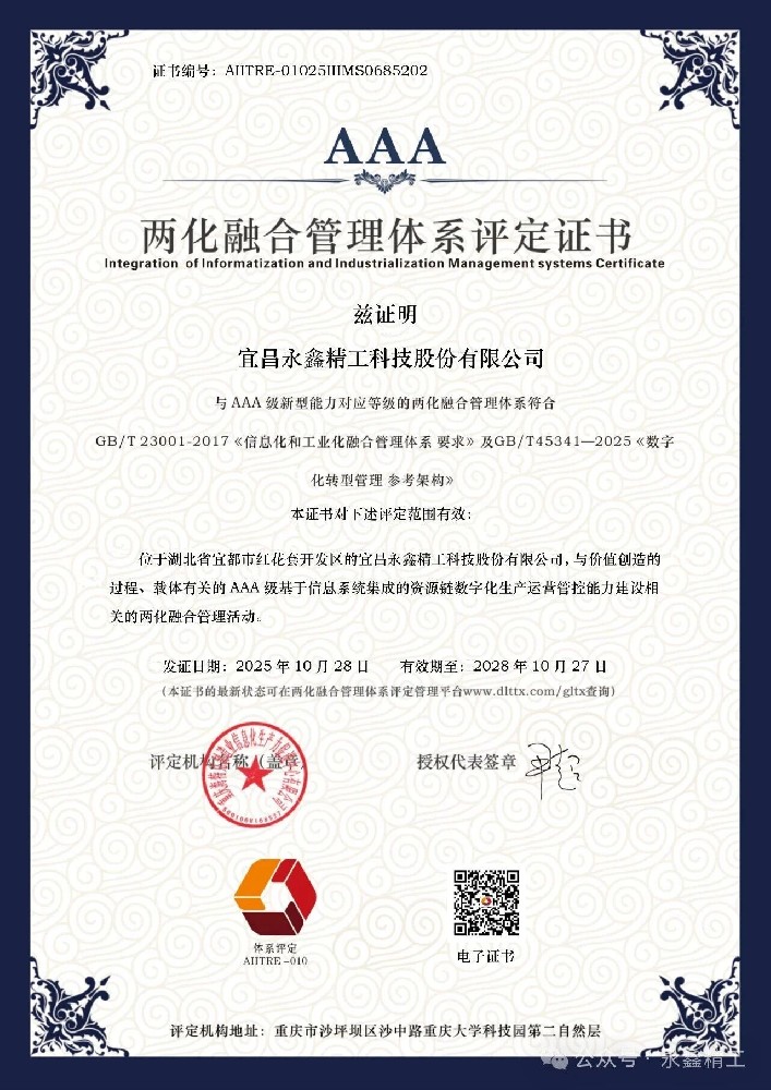 【喜報】永鑫精工成功通過國家兩化融合管理體系A(chǔ)AA級認(rèn)證